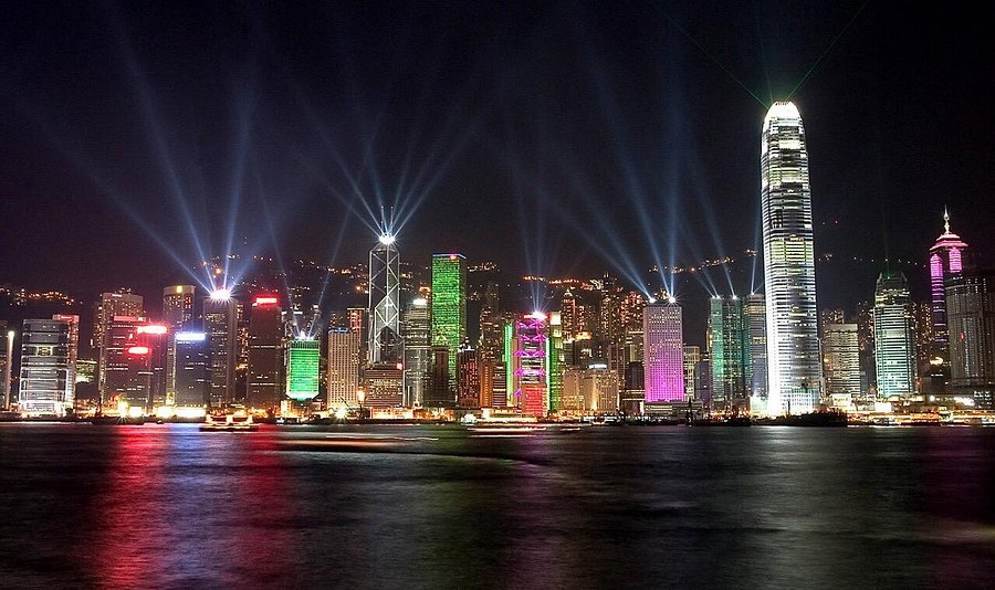 Illuminated Hong Kong skyline at night
